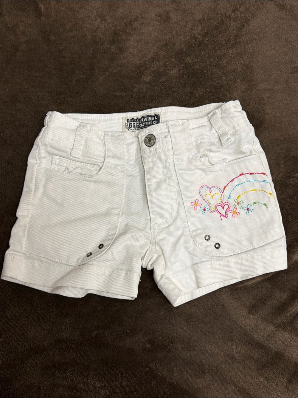 Route 66 White Girls' Shorts with Rainbow Heart Embroidery